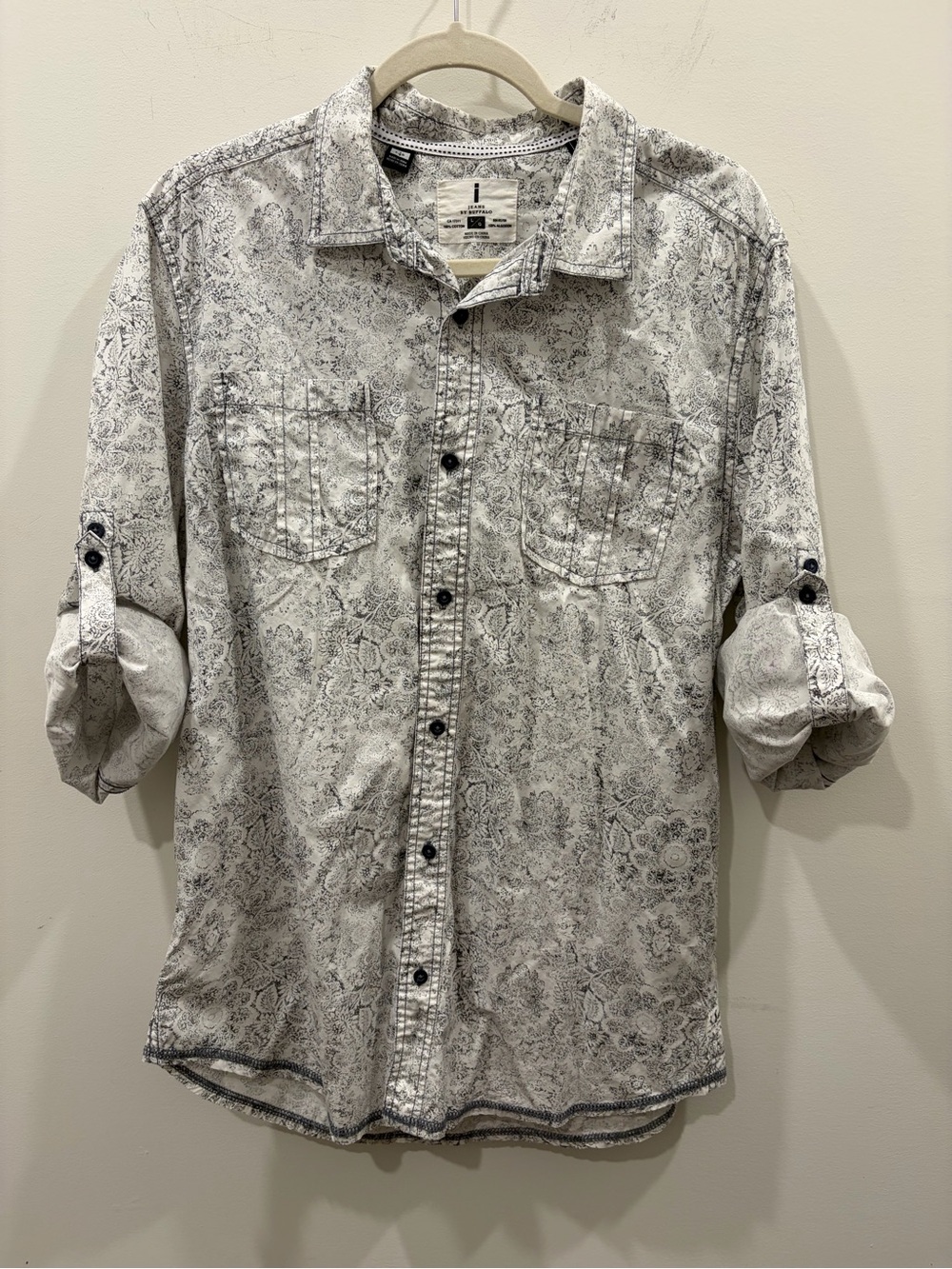 Buffalo David Bitton White and Gray Paisley‎ Roll-Tab Button-Down Faded look